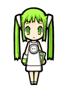 FLELE's base appearance: a chibi girl with green hair and a white dress that has music player-esque details.