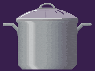 A stock pot with a lid on. Steam builds up on the inside, and drips of water roll down from the top, leaving trails.