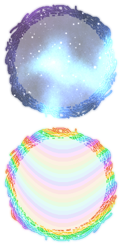 Ye Olde Soul Spell with a galaxy pattern and a rainbow pattern.