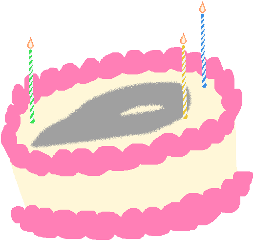 A crudely drawn birthday cake with a Needle design. On its top are three birthday candles with lit flames.