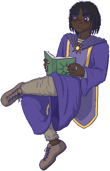 A mage floating in midair, with one leg resting on the opposite knee in a relaxed sitting position. He reads a book intently.