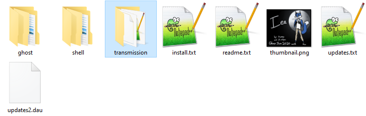 The top level of a ghost's folder, showing the ghost folder, shell folder, install.txt, and other files. A folder called 'transmission' is highlighted.