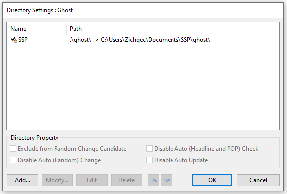 The directory settings window, showing a single folder called SSP
