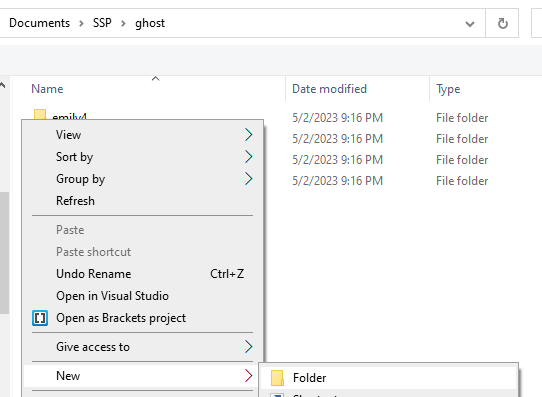 Creating a new folder in SSP/ghost/ with the context menu
