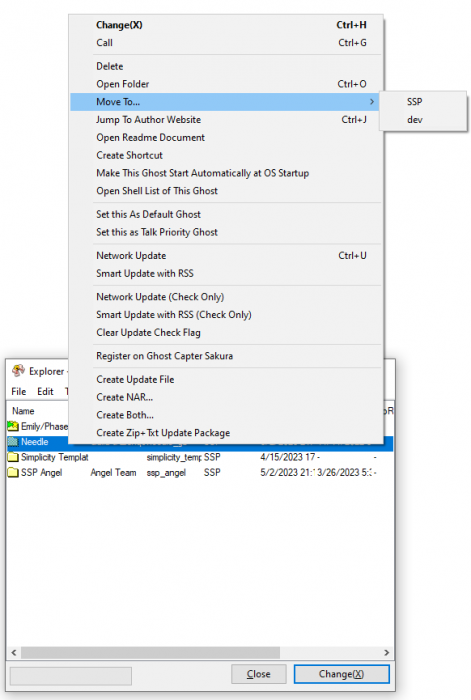 The context menu in the ghost explorer, showing the 'Move To...' option, with the option to move the selected ghost to the SSP or dev folders