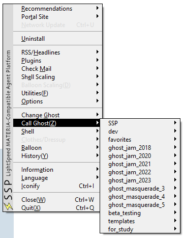 SSP's owner draw menu, with a series of subfolders shown under the 'Call Ghost' tab. These include event folders, as well as 'dev', 'favorites', 'beta_testing', 'templates', and 'for_study'